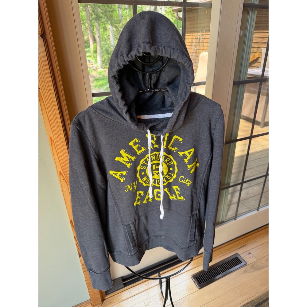 American Eagle Mens Hoodie Charcoal Gray Yellow Graphic Pullover L Large RN54485